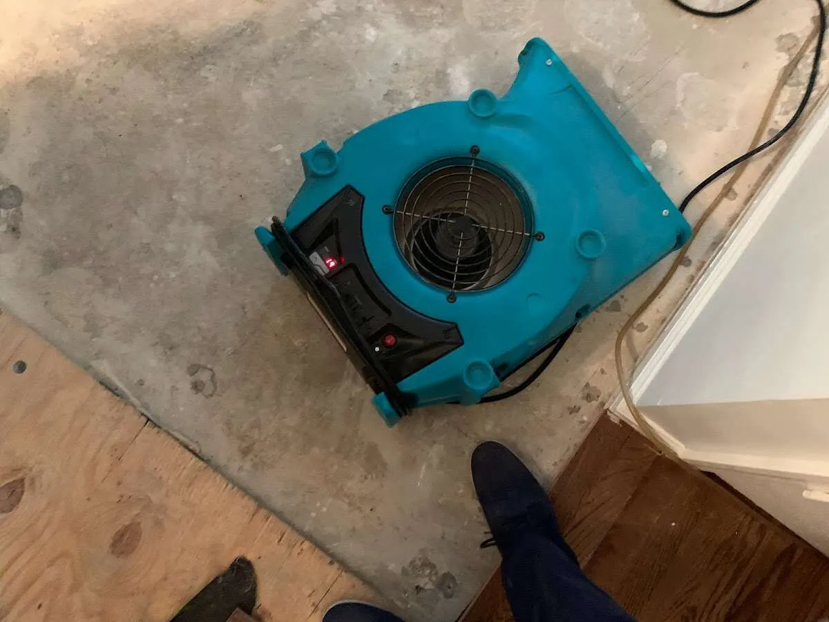 Air mover drying subfloor during Leak Detection & Repair in Saugus